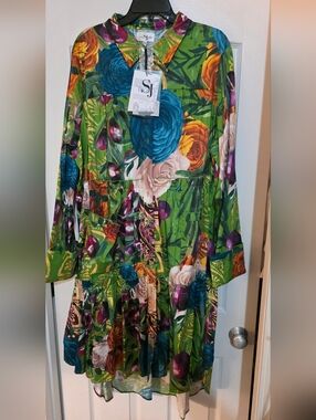 Sassy Jones Willow Grove Shirt Dress Green with Teal and Orange Accents